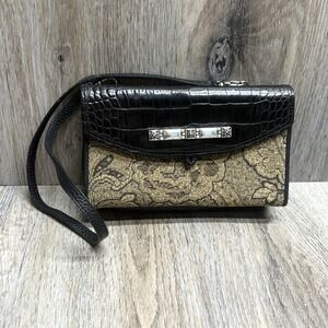 Brighton Mini Crossbody Black Leather Croc Embossed Beige Paisley Wallet w/Strap